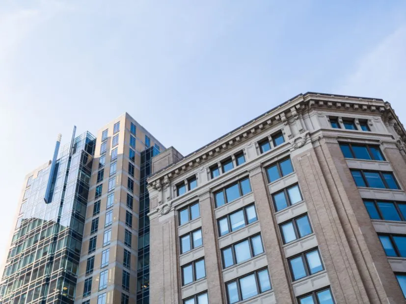 Commercial office buildings against a clear sky